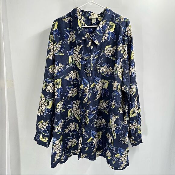 The Avenue Size 26/28 100% Silk Blue and Tan Floral Print Button Front Blouse - Picture 1 of 8